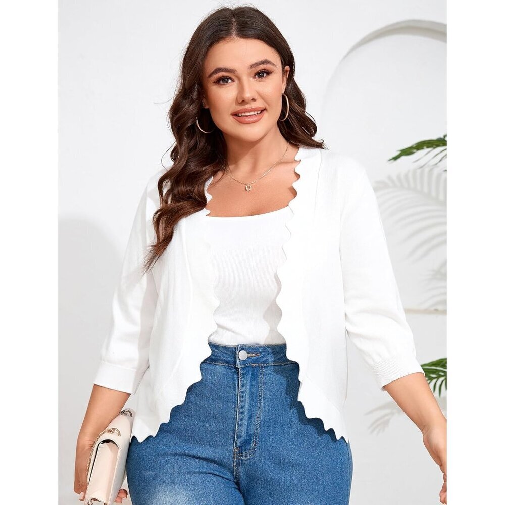 Womens Plus Size Knit Cardigan 3/4 Sleeve Open Front Casual Sweater - Picture 2 of 6